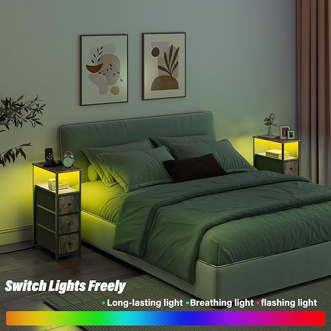 TUTOTAK Narrow LED Night Stand with Charging Station, Slim End Table with Plugins, Tall Side Table with 3 Fabric Drawer, Small Bedside Table with Storage, for Living Room, Brown TB01BB086L