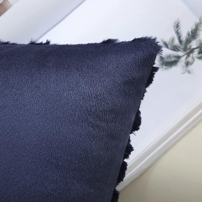 decorUhome Fall Throw Pillow Covers 24x24 Inch Set of 2, Soft Plush Decorative Faux Fur Navy Blue Solid Couch Pillow Covers, Accent Farmhouse Neutral Square Euro Pillow Cases for Sofa Bed Living Room