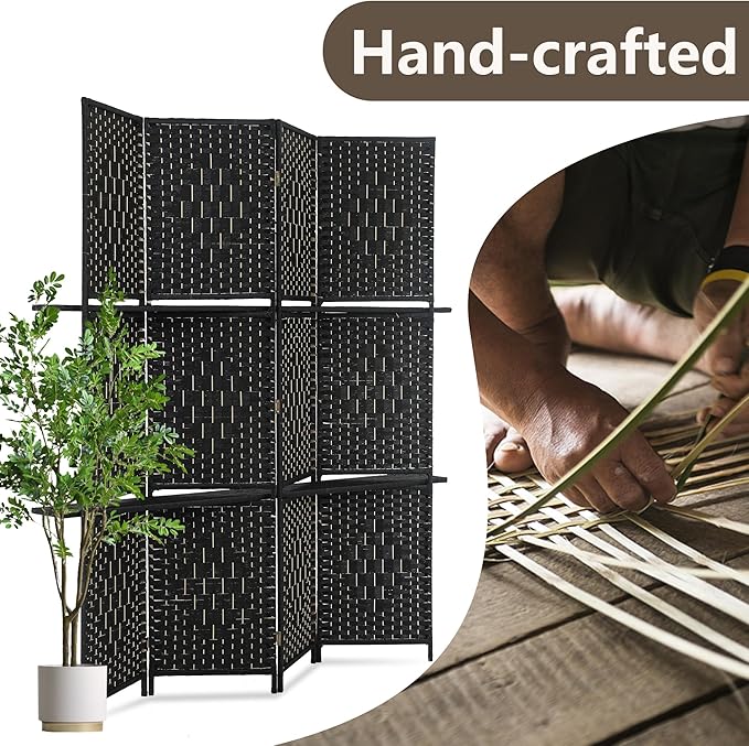 Room divider 4 panel Room Screen Divider Wooden Screen Folding Portable Partition Screen Wood with Removable Storage Shelves Color,Black