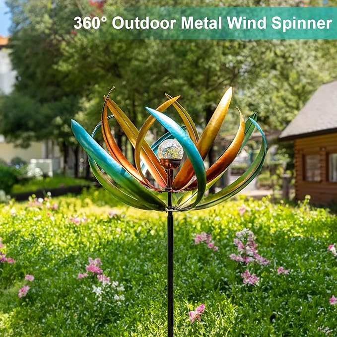 Large Solar Wind Spinners for Yard and Garden-82.6 Inch 360° Metal Wind Sculptures Outdoor Clearance Kinetic Windmills with Multi Color Led Glass Ball
