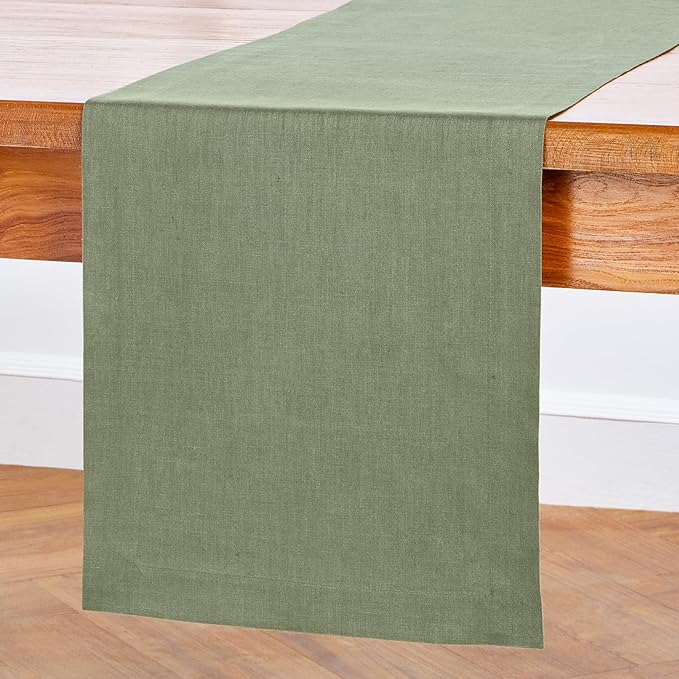 Solino Home Linen Oil Green Table Runner 144 Inches Long - 100% Pure Linen Extra Long Table Runner 14 x 144 Inch for Fall, Autumn, Thanksgiving - Fete