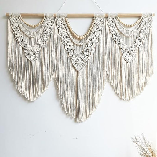 guzhiou large macrame wall hanging - Boho Tapestry Macrame Wall Decor Art- Chic Bohemian Handmade Woven Tapestry Home Decoration for Bedroom Living Room Apartment Wedding Party - 43"x32" (Wood bead)