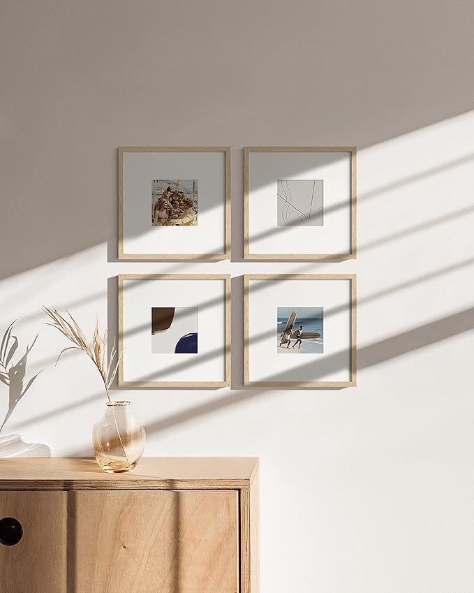 HAUS AND HUES Solid Oak Wood 10”x10”Picture Frames Matted to 5”x5” Set of 4-10x10 Photo Frame Set, Modern 10x10 Picture Frames with Mat, Square Photo Gallery Wall Frame Set (Beige Oak Frames)