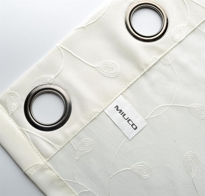 MIUCO Floral Embroidery Semi Sheer Curtains Faux Linen Grommet Curtains for Bedroom 52 x 63 Inch 2 Panels, Off White