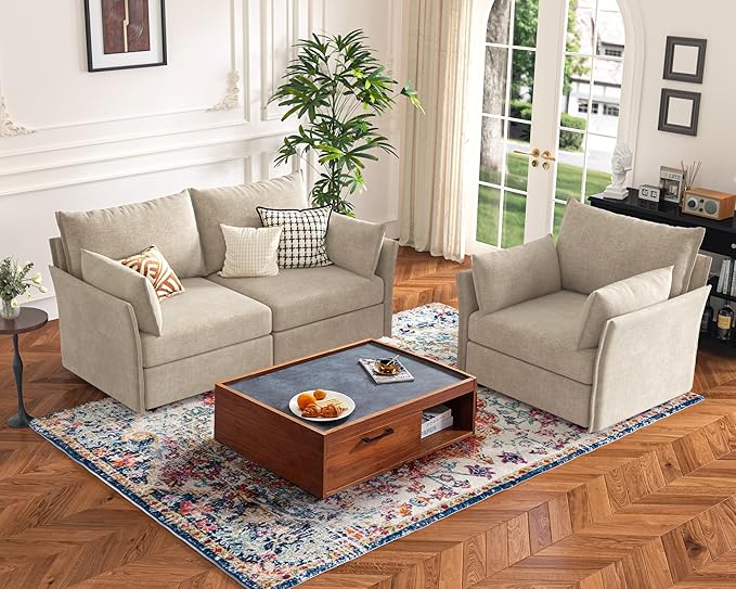 Oversized Loveseat Sofa, Modern Modular Sectional Couch Beige Fluffy Chenille Mid Century 2-Seat 24.5" Deep Seat for Apartment, Living Room, Bedroom