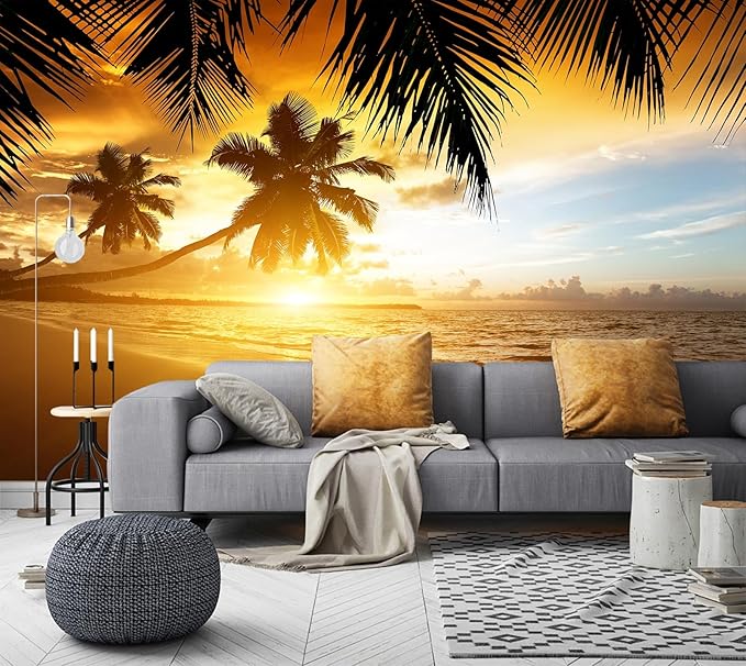 WFBHUA-Tropical Beach Wallpaper Dusk Waves Palm Tree Leaf Coconut Tree Wall Mural for Living Room Bedroom (Not Peel and Stick)