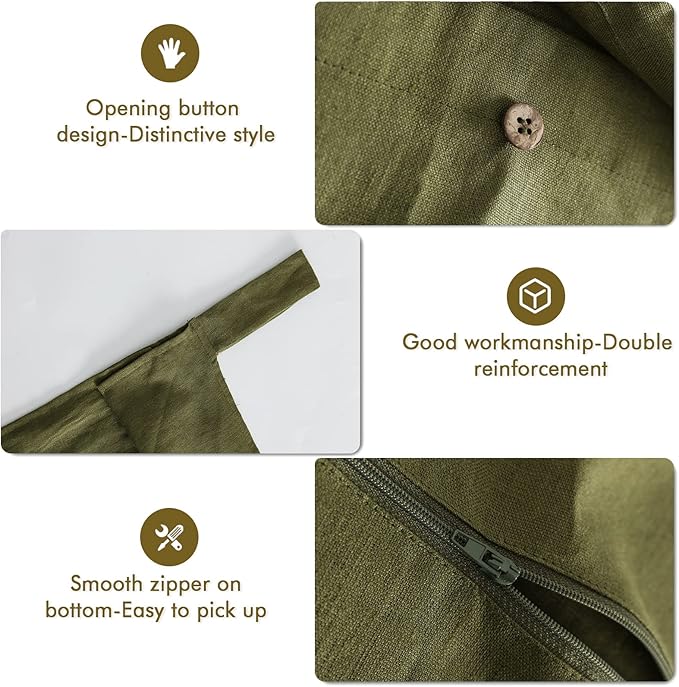 Linen Hanging Laundry Bag, 100% Linen Over The Door Laundry Hamper with Buttons and Zipper, Space Saving Door Hampers for Laundry Dirty Clothes Home Travel, Green