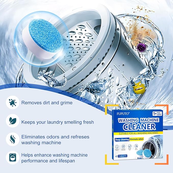 Washing Machine Cleaner Tablets, 40Pcs Deep Cleaning Tablets, Compatible with HE, Top & Front Load, Deep Cleaning Residue & Odor Eliminator, Deep-cleans to remove residue and neutralize smells01