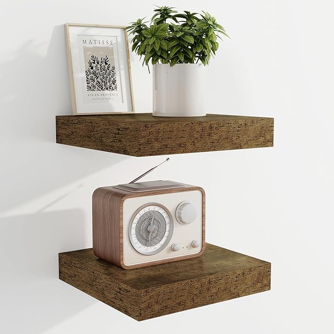 Marsmiles 6.7" Floating Shelves for Wall, Wooden Shelves with Invisible Brackets Set of 2, Rustic Farmhouse Wall Mounted Shelf for Kitchen Bathroom Living Room Study, Rustic Brown