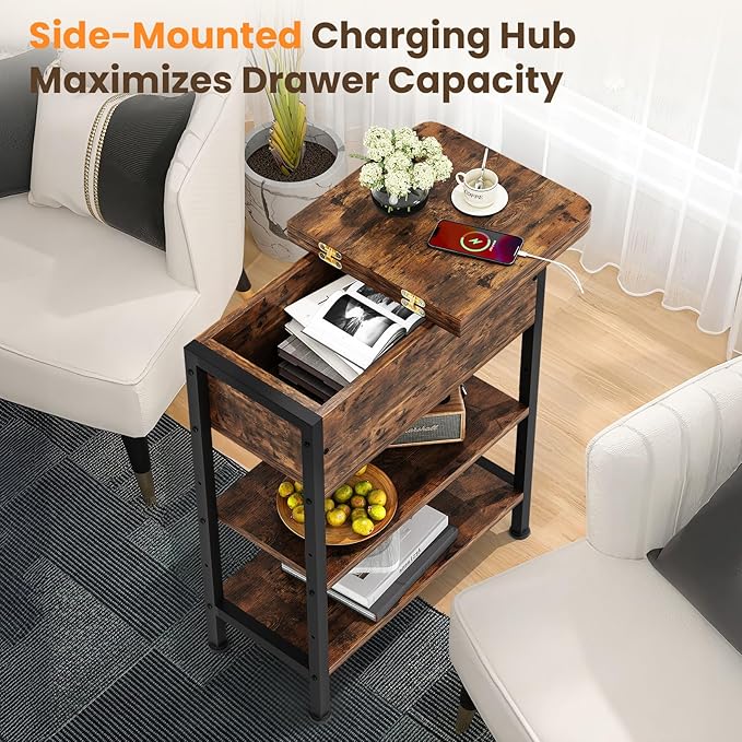 End Table with Charging Station, Flip Top Side Table with USB Ports and Outlets, 3-Tier Small Side Table with Storage for Small Space, End Tables for Living Room/Bedroom, Brown