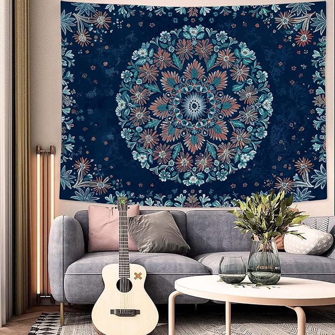 Fowocu Boho Floral Mandala Tapestry Wall Hanging Blue Bohemian Flower Medallion Tapestry Aesthetic Vintage Navy Hippie Indian Small Tapestries for Bedroom Living Room Dorm Decor 60 x 44 Inch