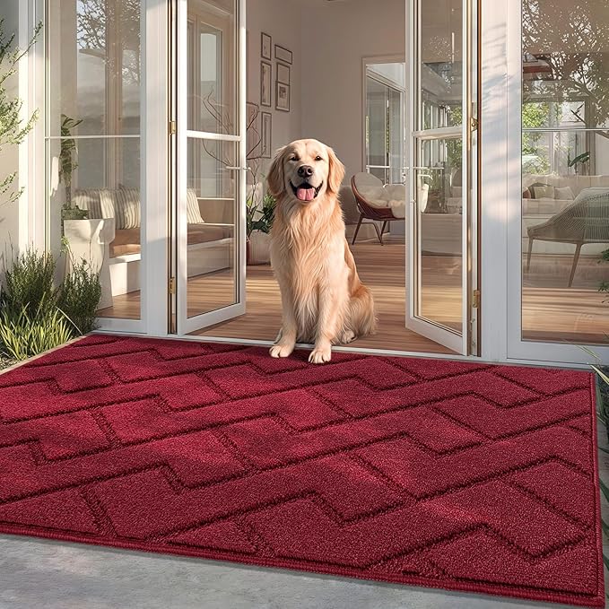 hicorfe Front Door Mat Outside Entrance,36"x59" Absorbent Muddy Dirt Resist Welcome Door Mats Outdoor Indoor,Stain and Fade Resistant,Non Slip Backing Entry Mat Doormat for Entryway(Red)