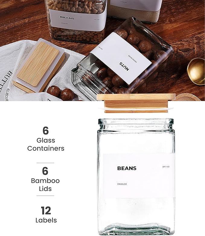 27 oz Glass Storage Jars with Bamboo Lid, set of 6, glass canisters with airtight lids, Clear jars with lids for Cookie, Candy, Tea, Coffee Bean and Rice (White)