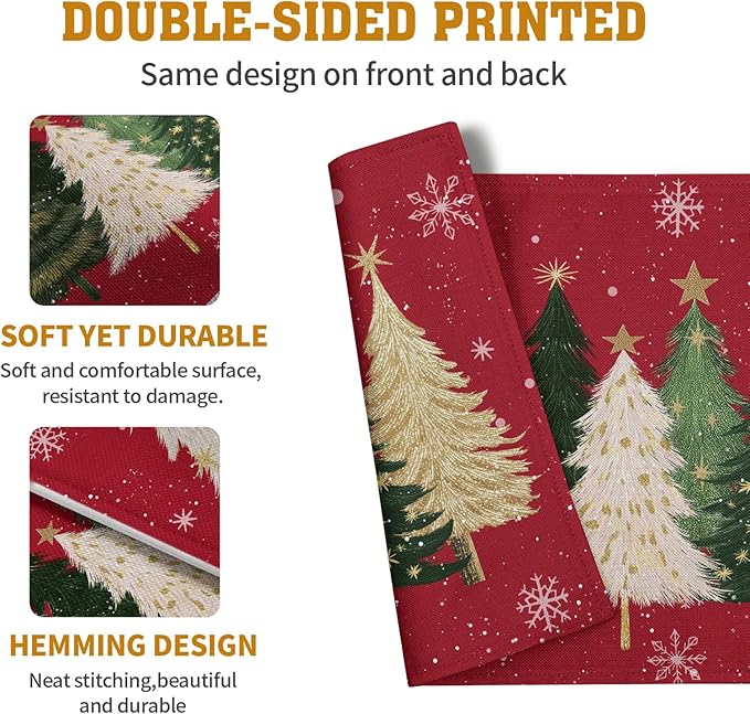 Red Christmas Tree Placemats Set of 4, 12x18 Inch Xmas Trees Snowflakes Winter Holiday Place Mats Seasonal Washable Linen Table Mat for Indoor Outdoor Kitchen Dining Party Decor