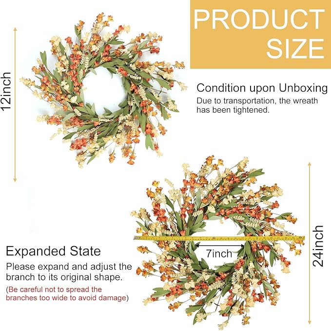Artgar Fall Wreath, Fall Wreaths for Front Door, 24 in Fall Decor Floral Wreath, Door Wreaths for Front Door Outside All Season for Thanksgiving Home Indoor Outdoor Wall Decor (White Orange Yellow)
