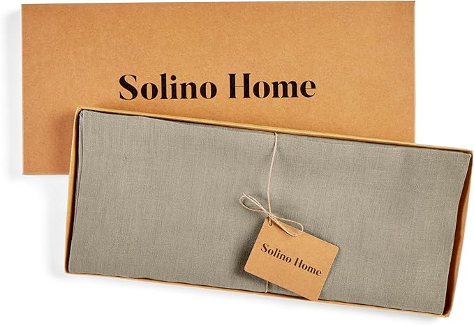 Solino Home Linen Table Runner 48 Inches - 100% Pure Linen Vintage Khaki Table Runner 14 x 48 Inch Ideal for Dresser and Coffee Tables - Fall, Autumn, Thanksgiving - Fete