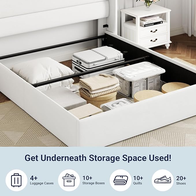 Allewie Full Size Velvet Lift Up Storage Bed, Modern Wingback Headboard, Hydraulic Support, No Box Spring Needed, White