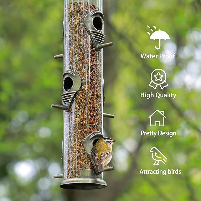 MIXXIDEA 1PK Metal Bird Feeders with 6 Feeding Ports,Tube Bird Feeder with Steel Hanger,Hard Plastic Wild Bird Feeder for Outdoors Hanging, Attracting Birds in Your Lawn, Garden, Balcony–Bronze