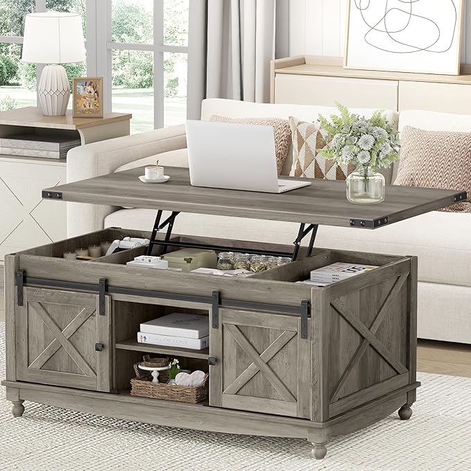 48" Farmhouse Lift Top Coffee Table with Storage Sliding Barn Door & Large Hidden Compartment, Coffee Table with Lifting Top with Wooden Lift Tabletop, Coffee Tables for Living Room, Grey