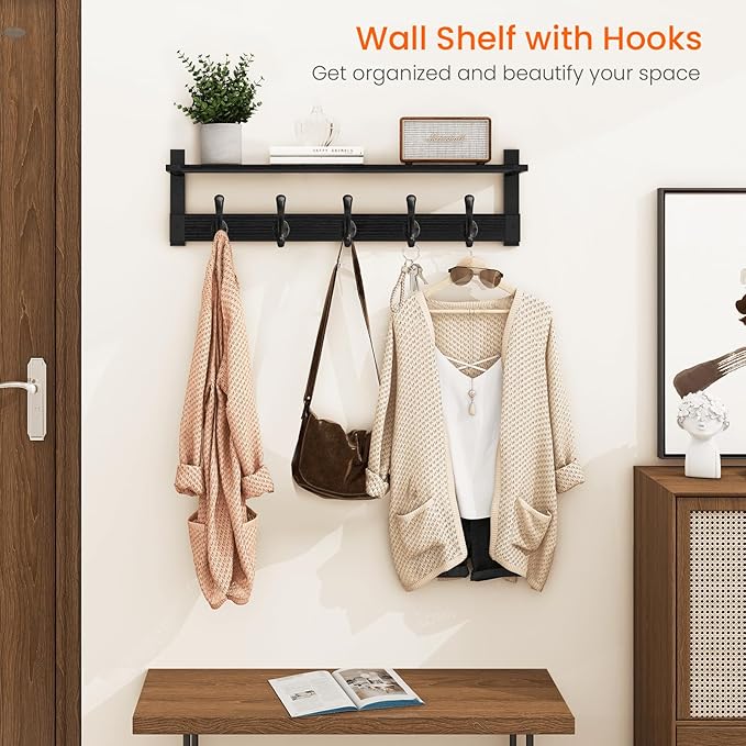 Homode Coat Hanger Wall Mount with Shelf, 29 in Hanging Rack with Storage, Entryway Shelf with Pegs for Hanging Coats, Hats, Towels, Purse, Robes, Black