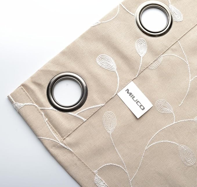 MIUCO Floral Embroidery Semi Sheer Curtains Faux Linen Grommet Window Curtains for Bedroom 52 x 63 Inch 2 Panels, Linen