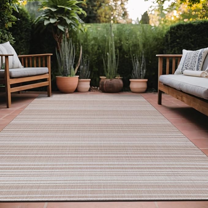 Stripe Outdoor Rug 10x14 Washable Outside Carpet for Indoor Patio Porch Waterproof Easy Cleaning Non Shedding Area Rugs Beige 10 x 14