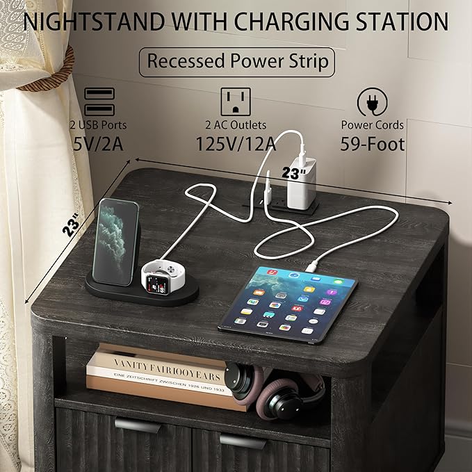 Nightstand with Charging Station, 24" End Table Side Table with Open Shelf, Modern Large Wood Fluted Bedside Cabinet for Bedroom, Living Room, Black
