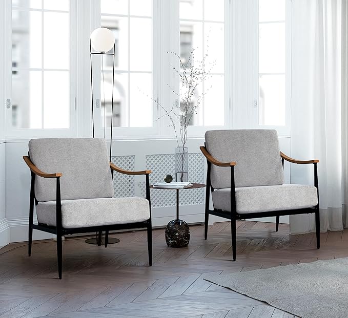 Modern Accent Chairs Set of 2 for Living Room Bedroom Mid Century Arm Chairs Upholstered Office Accent Chairs Comfy Waiting Room Chairs with Metal Frame, Grey
