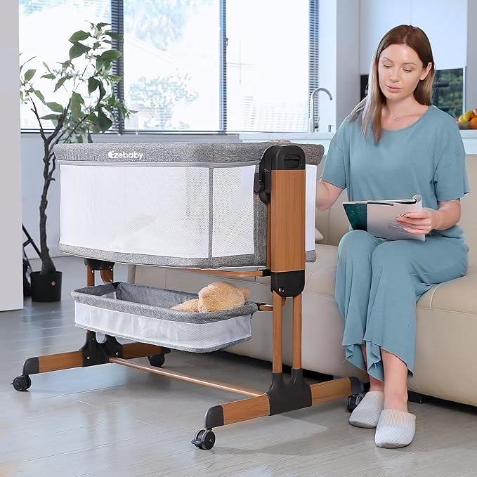 Ezebaby 3-in-1 Baby Bassinet, Rocking Baby Bassinets Bedside Sleeper, Adjustable Portable Crib for Newborn Infant with Wheels Storage Basket and Mesh Sides