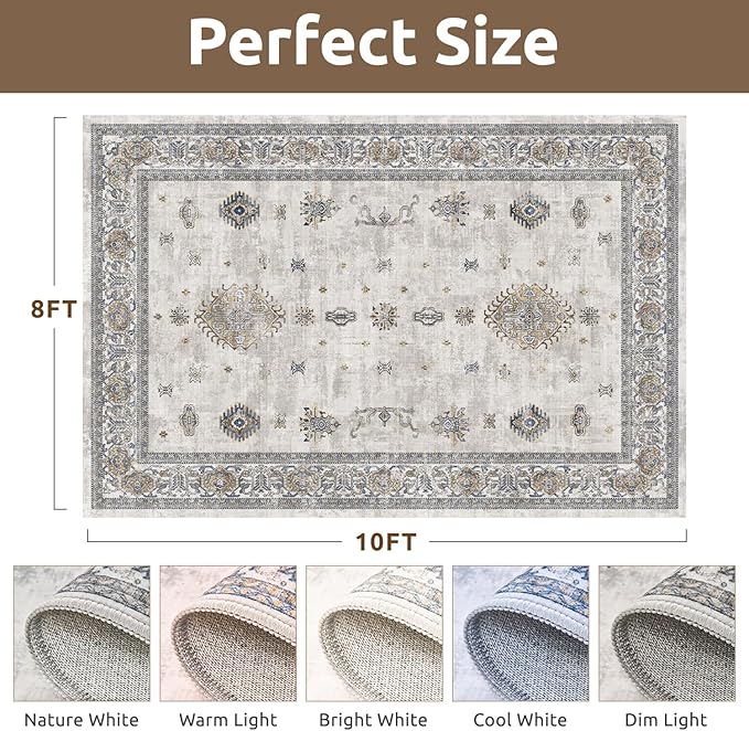 AMOAMI-Vintage Area Rug 8X10 Grey Rugs for Living Room-Soft Living Room Rug Non Slip Rugs for Bedroom Carpet Machine Washable Rug for Dining Room Bedside Office Room Decor