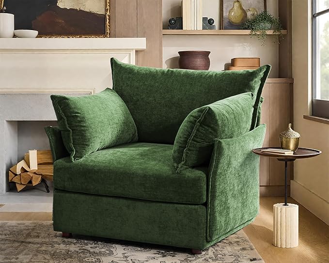 Oversized Accent Chair, Upholstered Modern Sofa Chair with Removable Backrest & Detachable Cover, 24.5" Deep Seat Large Reading Armchair for Living Room Bedroom Office - Chenille Green Set of 1