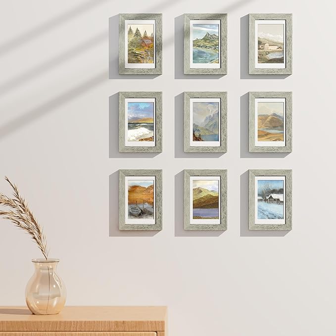 Vittanly 4x6 Picture Frames Set of 9, Shatter Resistant Plexiglass, Display 3.5x5 Pictures with Mat or 4x6 without Mat, Photo Frames for Wall or Tabletop, Engineered Wood, Grey