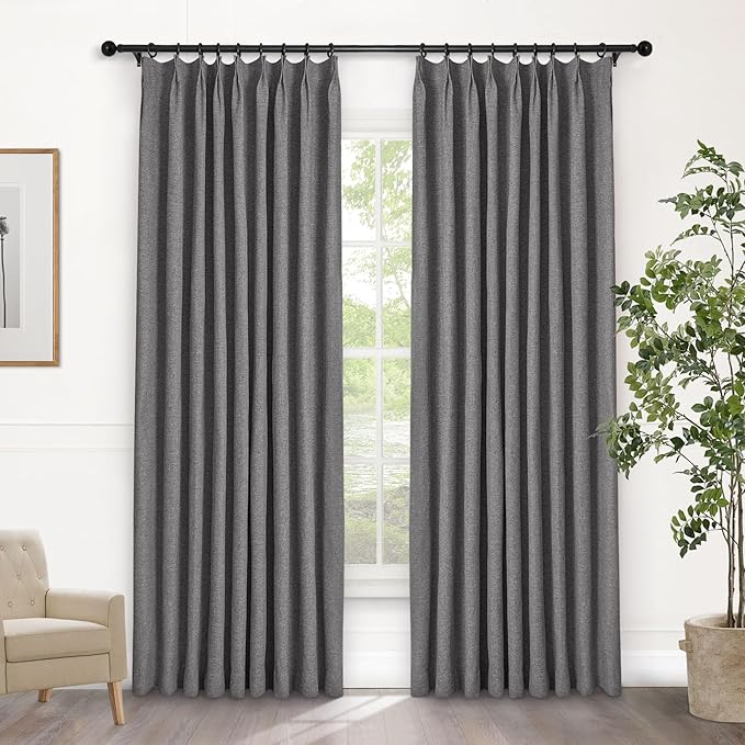 Macochico Pinch Pleated Blackout Curtains 102 Inches Long 100% Light Blocking Gray Linen Drapes for Bedroom Living Room Farmhouse Shabby Chic Burlap Curtains with Tieback 72”Wx102”L 1 Panel