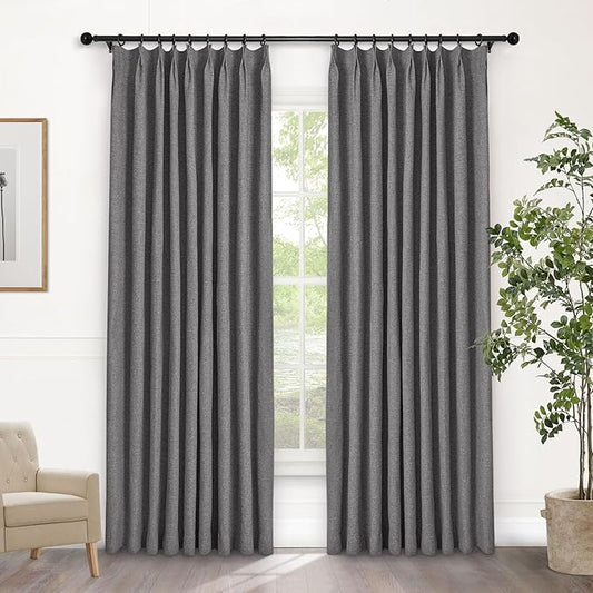 Macochico Pinch Pleated Blackout Curtains 102 Inches Long 100% Blackout Natural Linen Drapes for Bedroom Living Room Windows Farmhouse Burlap Curtains with Tieback 52”Wx102”L Gray 1 Panel