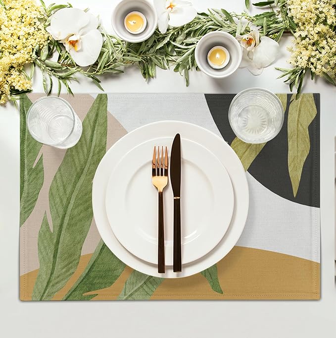 Tropical Palm Leaf Linen Placemats Set of 4 Summer Green Banana Leaves Themed Kitchen Place Mats Washable Non-Slip Heat Resistant Fabric Dining Table Placemats 12x18 Inch