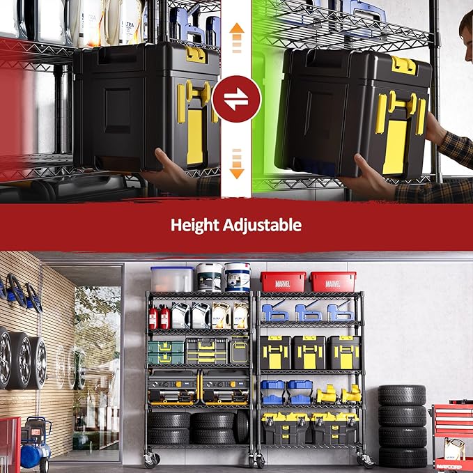 IZEUK 5-Tier Storage Shelving Unit with Wheels, Adjustable Heavy Duty Steel Wire Rack Organizer (Black, 17.7" D x 47.2" W x 76.7" H, 1750 lbs Capacity) for Garage, Kitchen, Office, Laundry, Basement