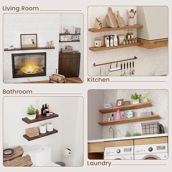 Floating Shelves for Wall Decor, 8" Deep Rustic Solid Elm Wood Floating Shelves Wall Mounted, Wall Shelves with Invisible Bracket for Living Room Bathroom Bedroom Kitchen, 24 Inch Set of 2, Natural