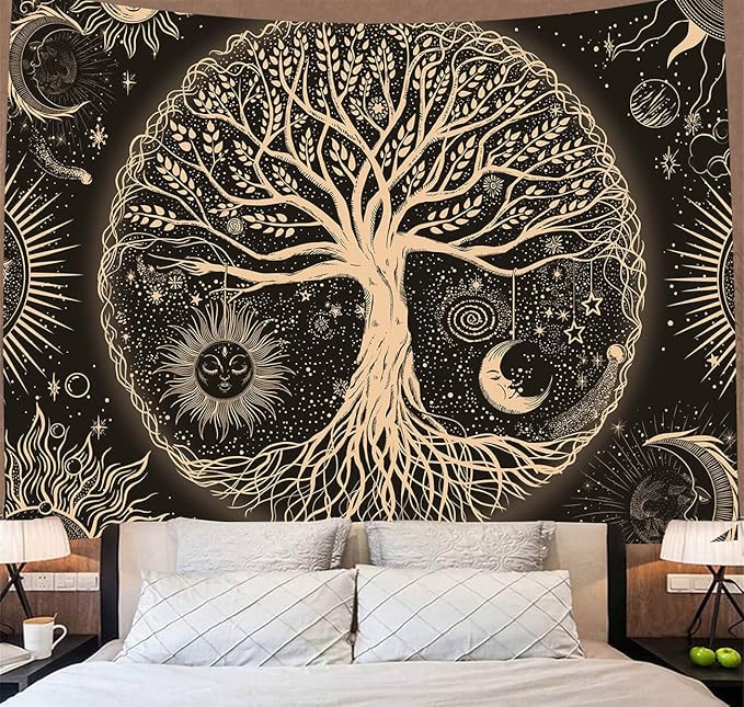 FORATER Tree of Life Tapestry Wall Hanging Sun Moon Stars Tapestries Aesthetic Galaxy Wall Tapestry Nature Home Decoration for Living Room Bedroom(53 x 61 Inch, Black and Gold)