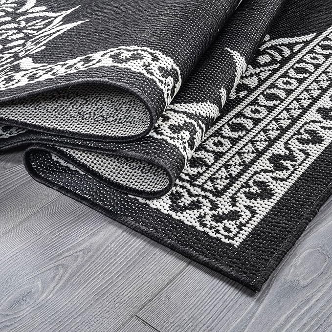 CAMILSON Indoor Outdoor Rug, 10x14 Medallion Black White Modern Area Rugs for Large Indoor and Outdoor Patios, Kitchen and Hallway Mats, Washable Porch Deck Outside Carpet (Medallion Black, 10 x 14)