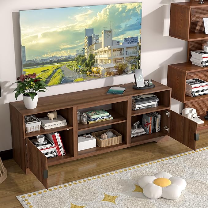 Fluted TV Stand for Tvs up to 80",Mid Century Modern TV Stand with Open Adjustable Shelf,Entertainment Center Wood TV Media Console with Cord Holes,TV Stand for Living Room Furniture Bedroom,Walnut