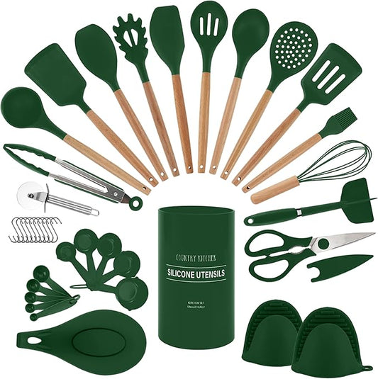Country Kitchen Non Stick Silicone Utensil Set with Rounded Wood Handles for Cooking and Baking, 38 Piece Set, Green