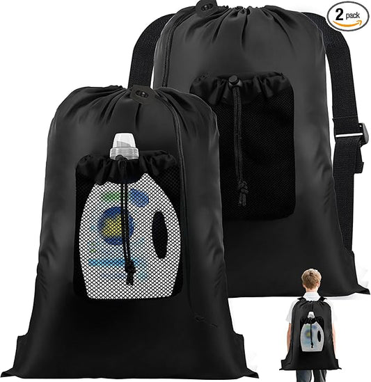 2-Pack Backpack Laundry Bags, Heavy Duty Laundry Bag Backpacks with Adjustable Shoulder Straps, Door Hanging Washing Bag, Laundry Hamper Lining for College Dorm, Travel, Laundromat