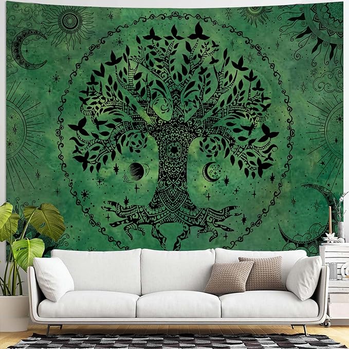 Lunerfex Tree of Life Mandala Tapestry Boho Tapestry for Bedroom Green Tapestries Wall Hanging Living Room Wall Art and Home Decor 70x90