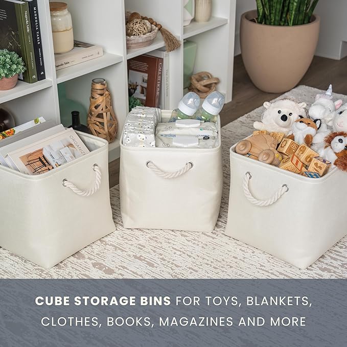 OrganiHaus 11x11 Cube Storage Bins 4 Pack, Foldable Cube Storage Organizer w/ Rope Handles, Collapsible Fabric Bins for Toys, Clothes & Closet Organization, Fabric Square Baskets - Off-White
