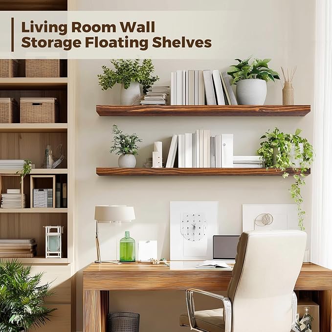 Floating Wall Shelves 2-Pack - 36-Inch Rustic Brown Wooden Shelves for Storage and Décor, Easy Installation for Living Room, Bedroom, and Kitchen
