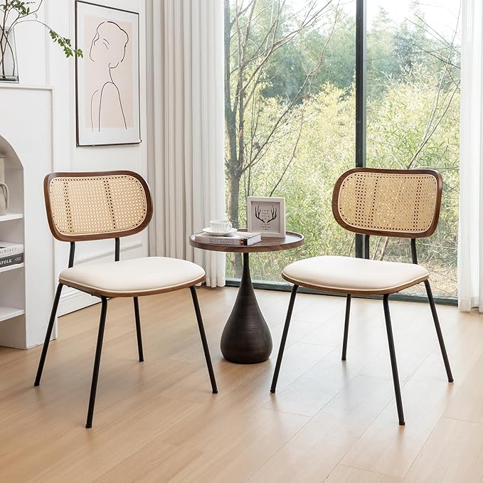 Rattan Dining Chairs Set of 4, Mid Century Modern Dining Chairs with Cane Back for Kitchen Dining Room, 19 Inch Faux Leather Beige