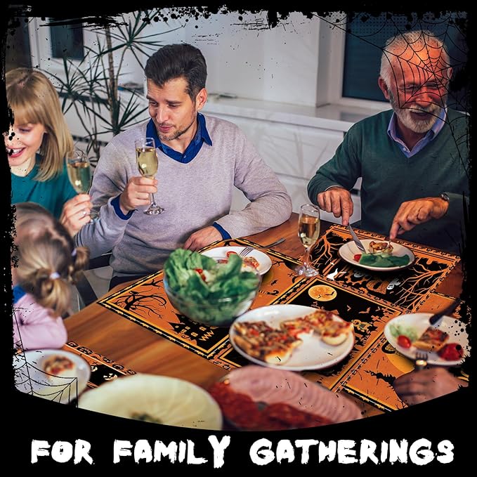 Umigy 6 Pcs Halloween Placemats 12"x18" Gothic Bat Placemats Kitchen Decoration Washable Witch Place Mats Rectangle Skull Table Mats for Halloween Dining Table Accessories(Black Orange Style)