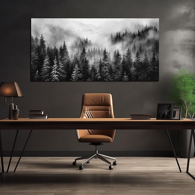 Large Pictures for Living Room Foggy Forest Canvas Wall Art for Bedroom Black Home Office Wall Decor 29 x 59 Inch