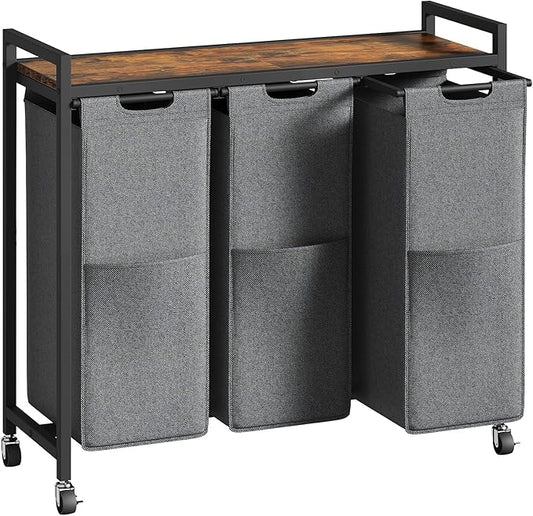HOOBRO Laundry Sorter 3 Section, Laundry Hamper with Wheels, 3 × 11.5 Gal (43.4L), Rolling Laundry Basket, Pull-Out and Removable Oxford Fabric Laundry Bags, Rustic Brown and Grey BFG76XY01