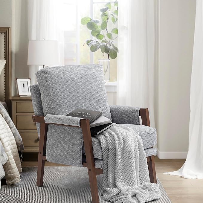 Modern Accent Chair for Living Room Mid Century Arm Chair Upholstered Bedroom Chair Comfy Lounge Chair with Solid Wood Frame, Grey
